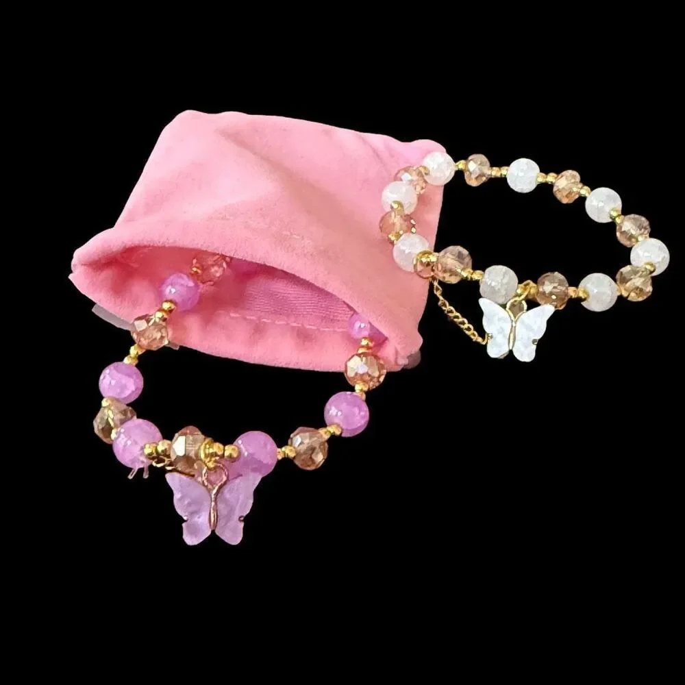 Sunset & Moonlight – Butterfly Beaded Stretch Bracelet Pair for Kids or Teens